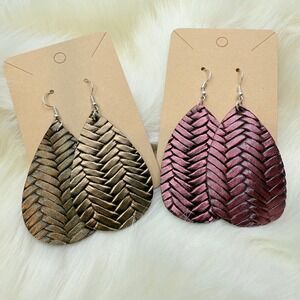 Lightweight Woven Faux‎ Leather Teardrop Earrings: Bronze + Burgundy